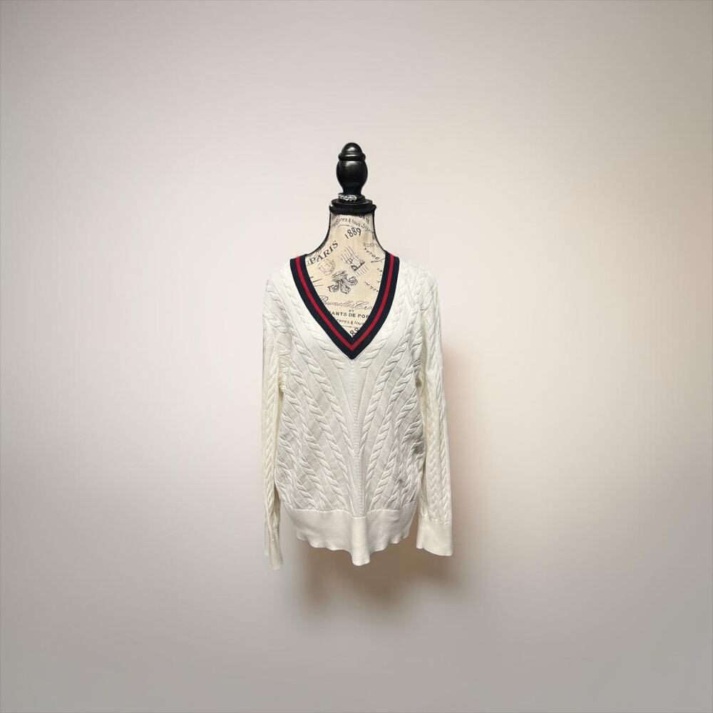 Tommy Hilfiger White Cable Knit V-Neck Sweater Size Large Striped